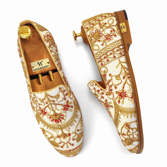 White with Full Golden Embroidery Wedding Ethnic Shoes Loafer for Men