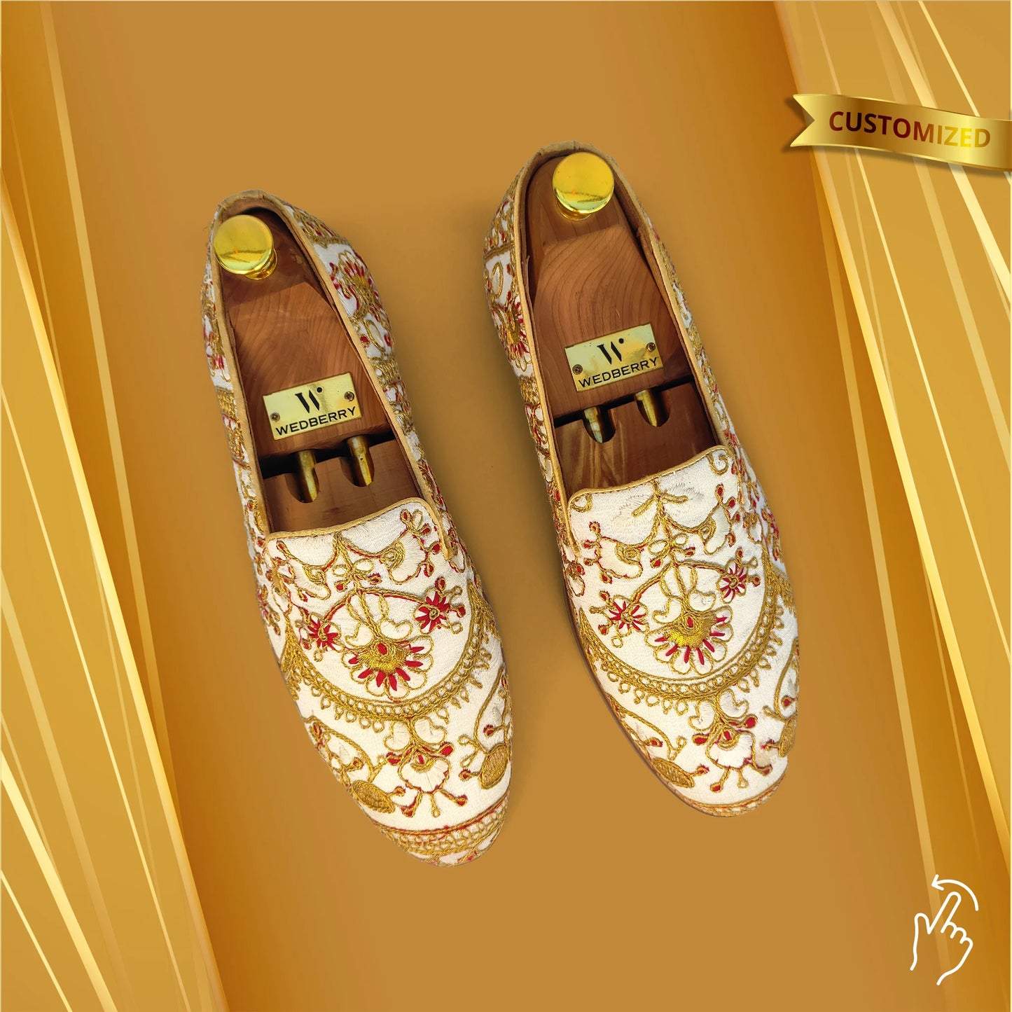 White with Full Golden Embroidery Wedding Ethnic Shoes Loafer for Men
