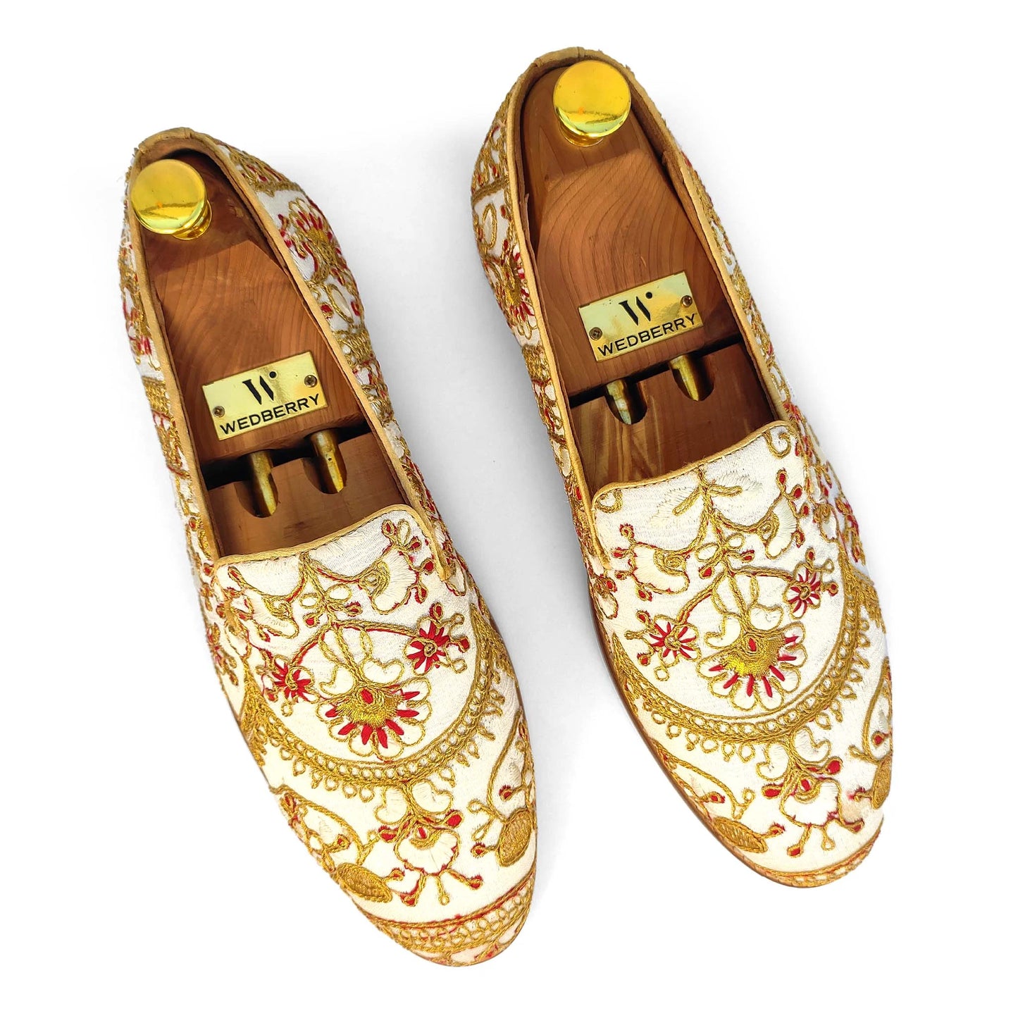 White with Full Golden Embroidery Wedding Ethnic Shoes Loafer for Men