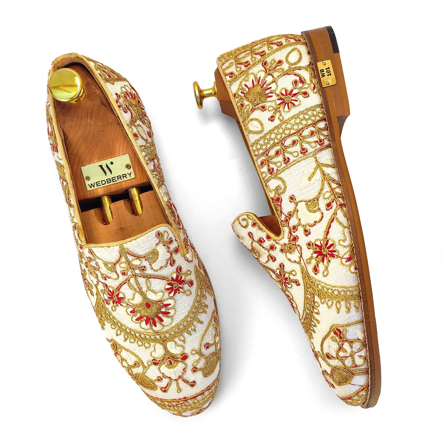 White with Full Golden Embroidery Wedding Ethnic Shoes Loafer for Men