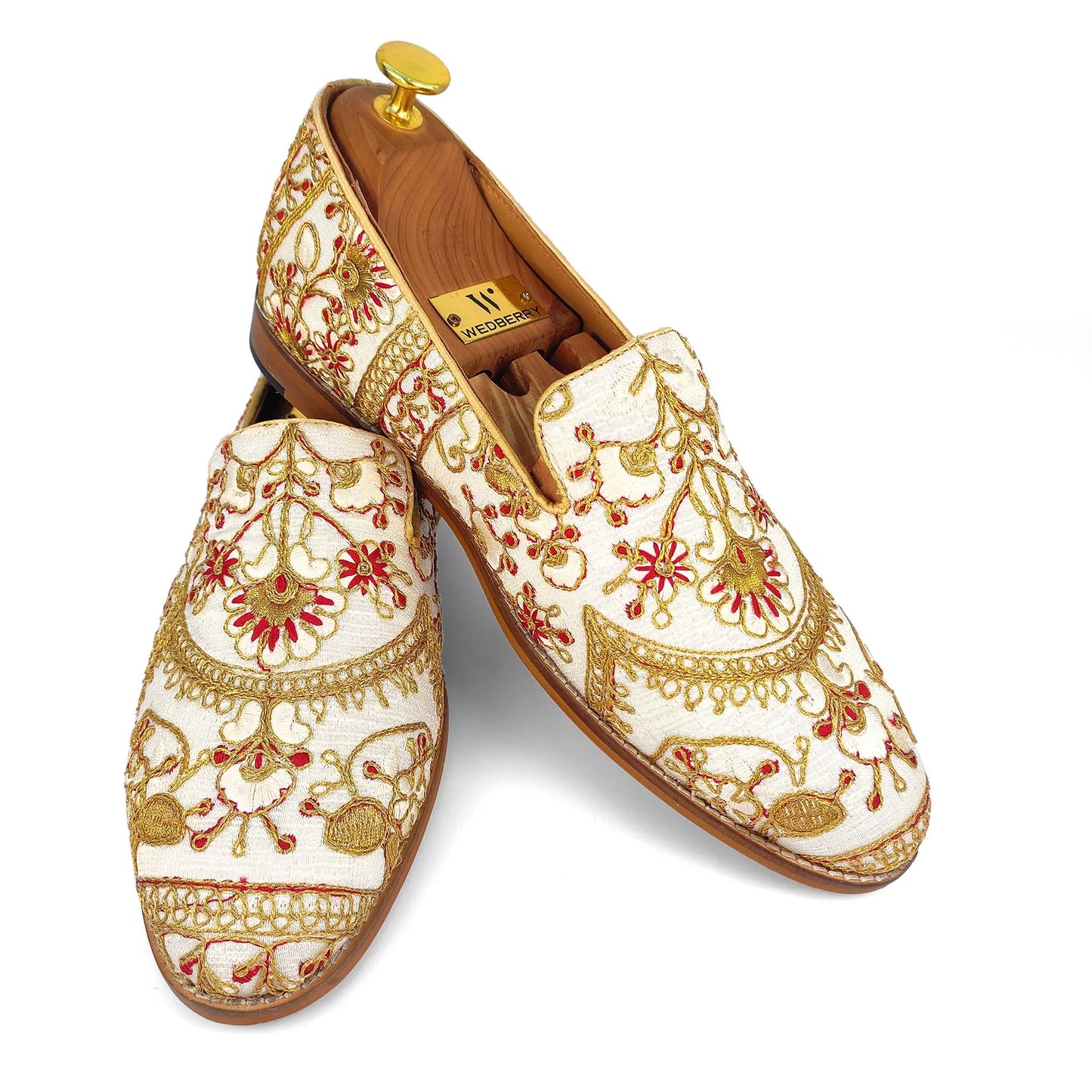 White with Full Golden Embroidery Wedding Ethnic Shoes Loafer for Men