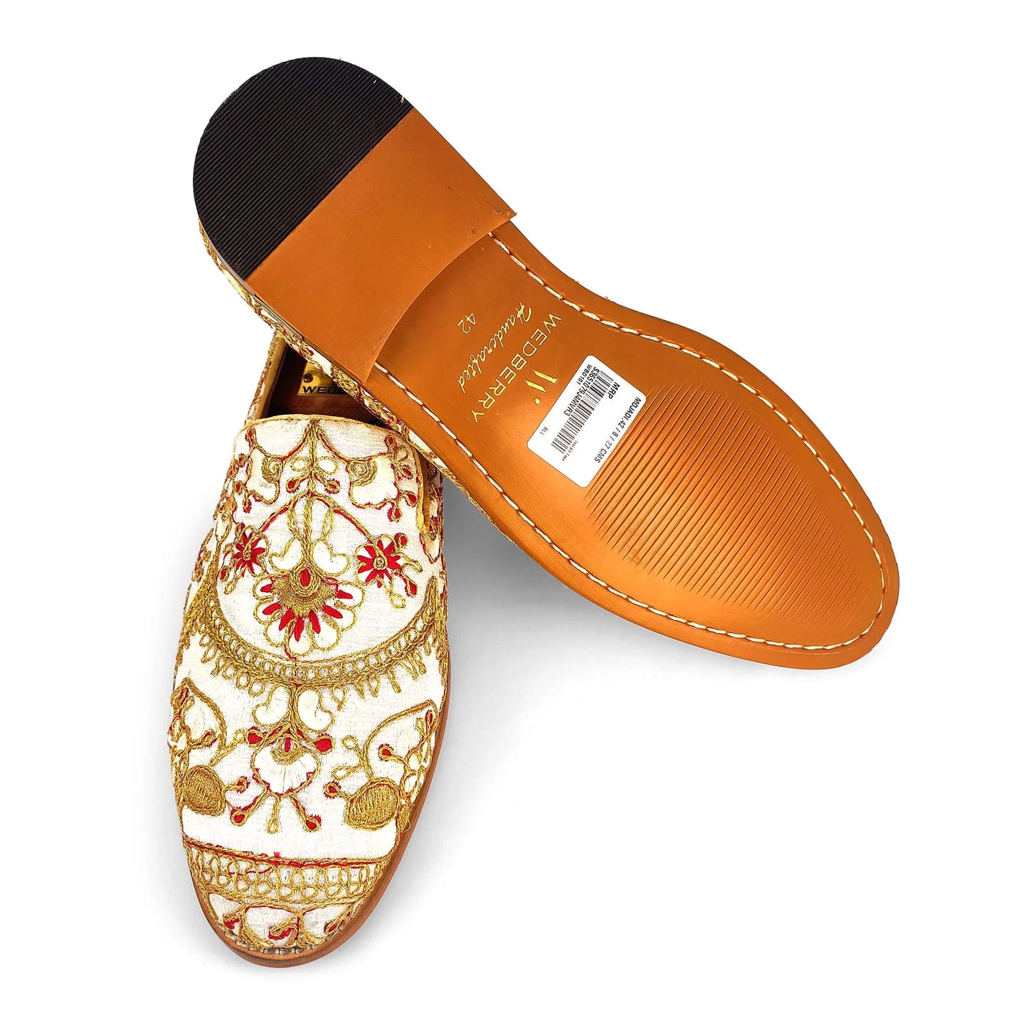 White with Full Golden Embroidery Wedding Ethnic Shoes Loafer for Men