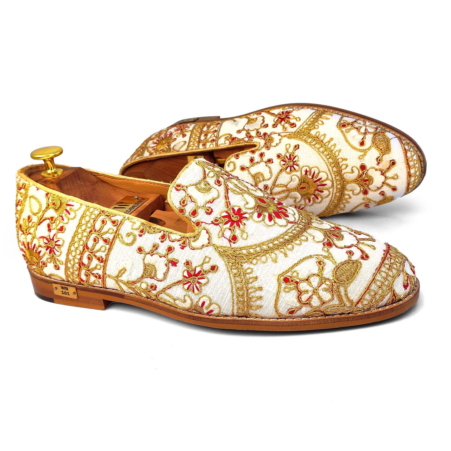 White with Full Golden Embroidery Wedding Ethnic Shoes Loafer for Men