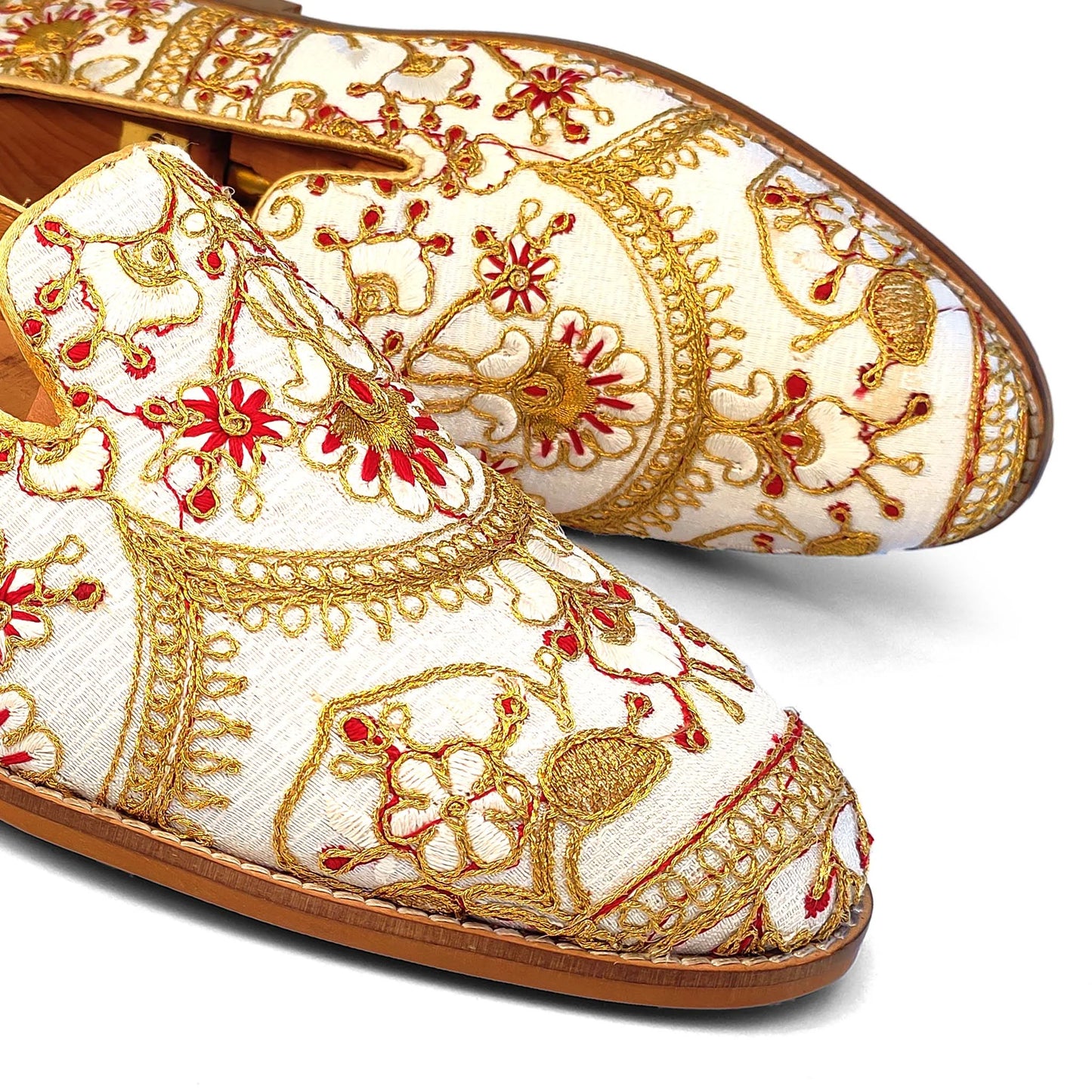 White with Full Golden Embroidery Wedding Ethnic Shoes Loafer for Men