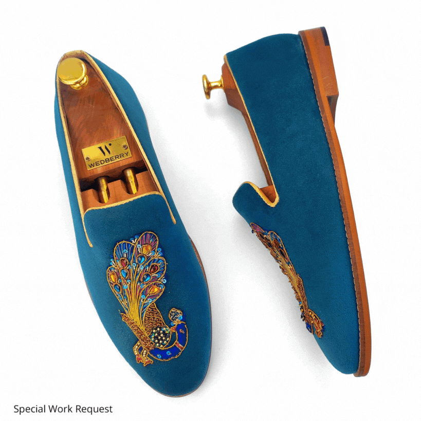 Turquoise Blue Loafer with Special Peacock Zardozi Work for Men