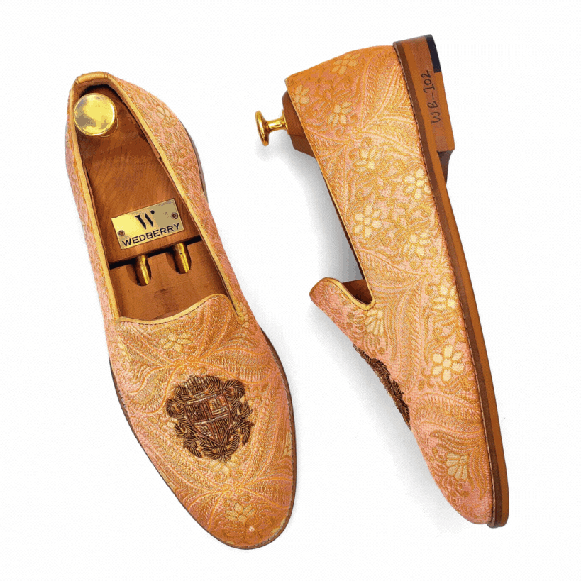 Peach and Gold Zardozi Handwork Loafer for Men