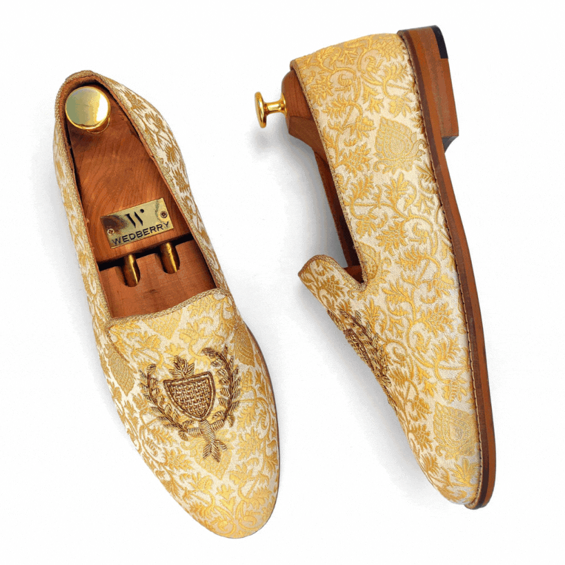 Beige and Gold Brocket Wedding Ethnic Shoes Zardozi Handwork Loafer for Men