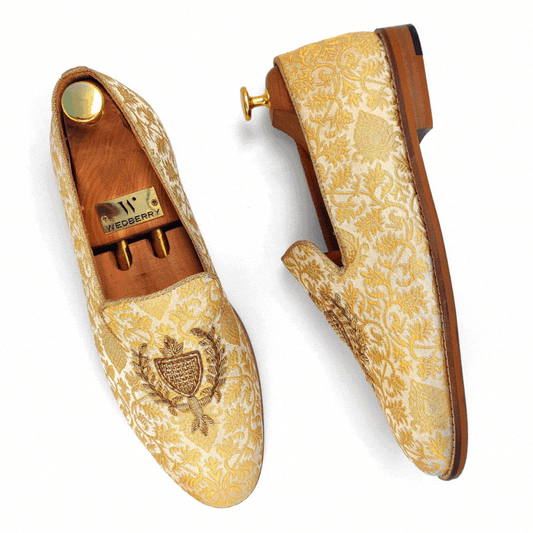 Beige and Gold Brocket Wedding Ethnic Shoes Zardozi Handwork Loafer for Men