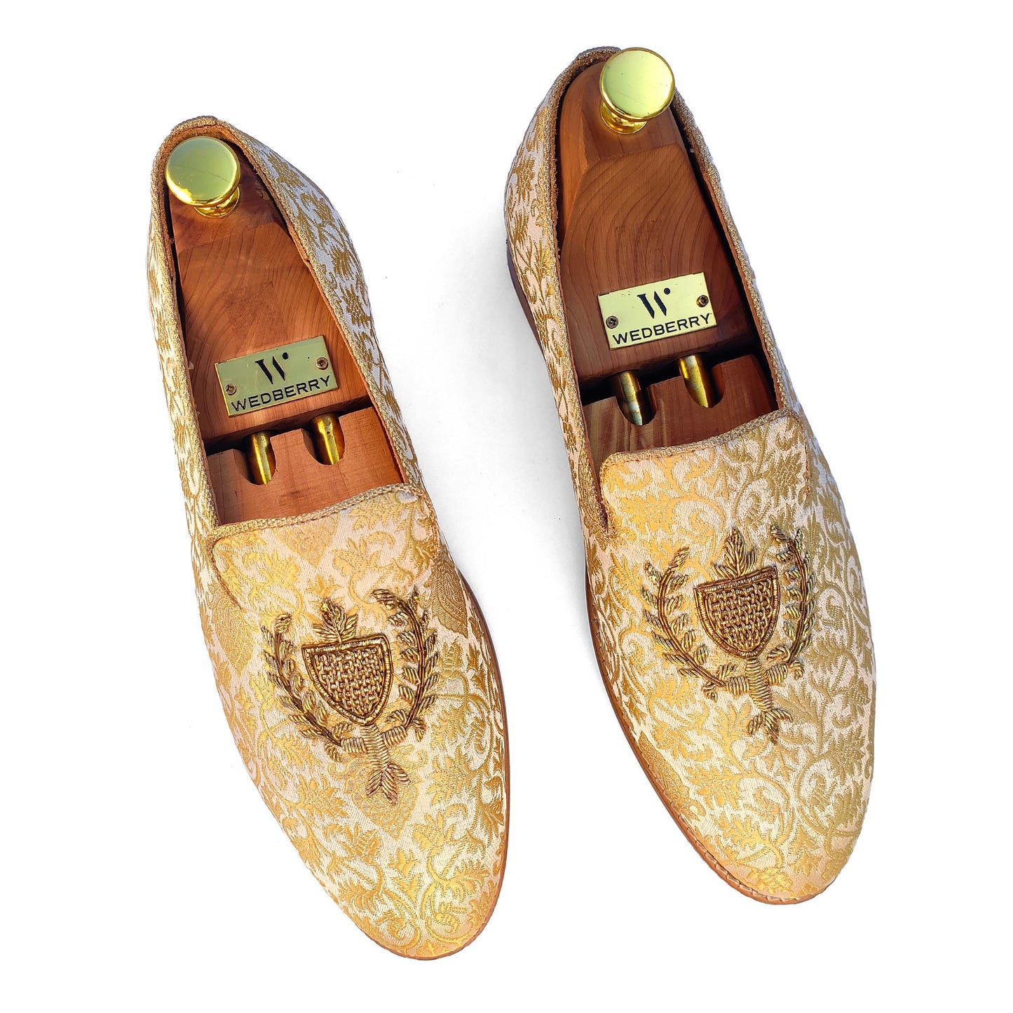Beige and Gold Brocket Wedding Ethnic Shoes Zardozi Handwork Loafer for Men