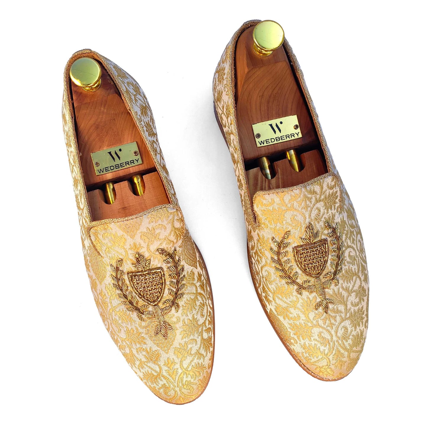 Beige and Gold Brocket Wedding Ethnic Shoes Zardozi Handwork Loafer for Men