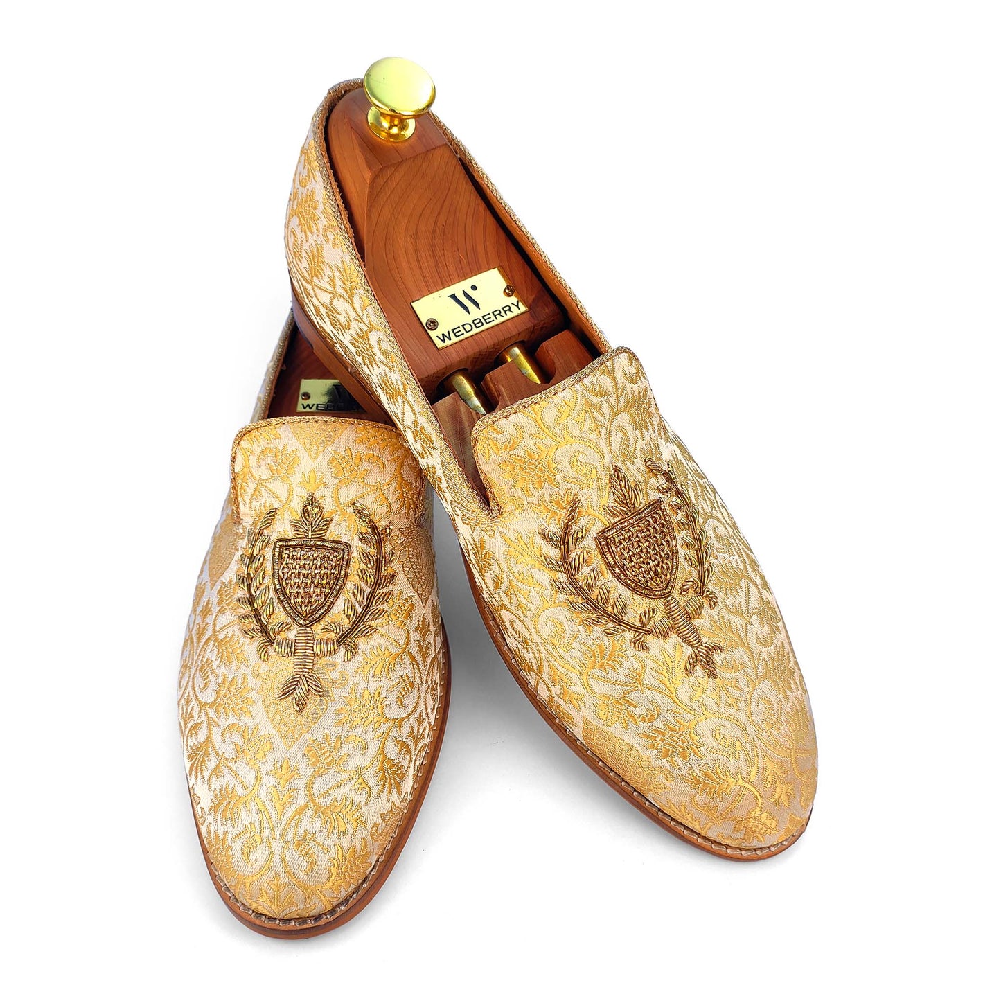 Beige and Gold Brocket Wedding Ethnic Shoes Zardozi Handwork Loafer for Men