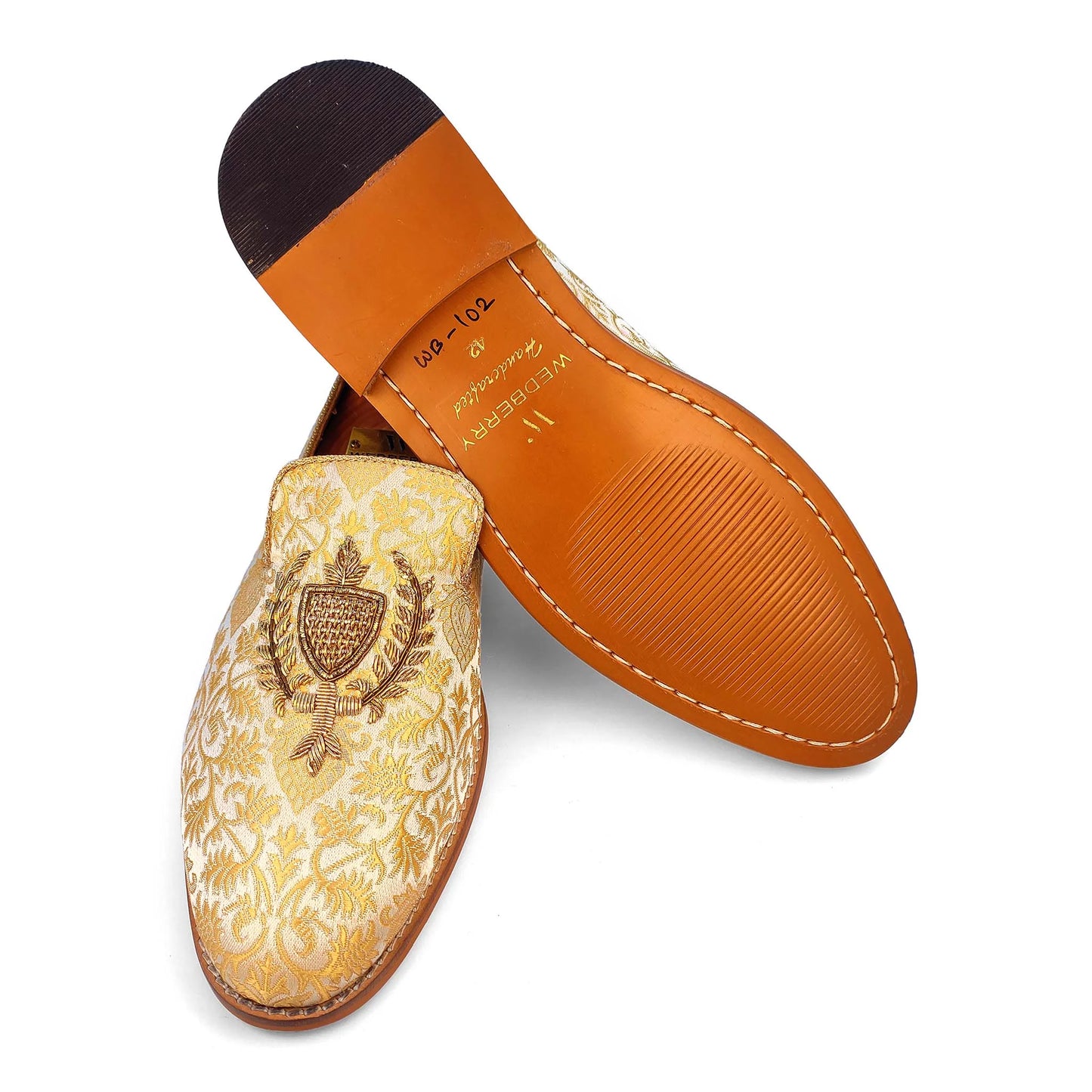 Beige and Gold Brocket Wedding Ethnic Shoes Zardozi Handwork Loafer for Men