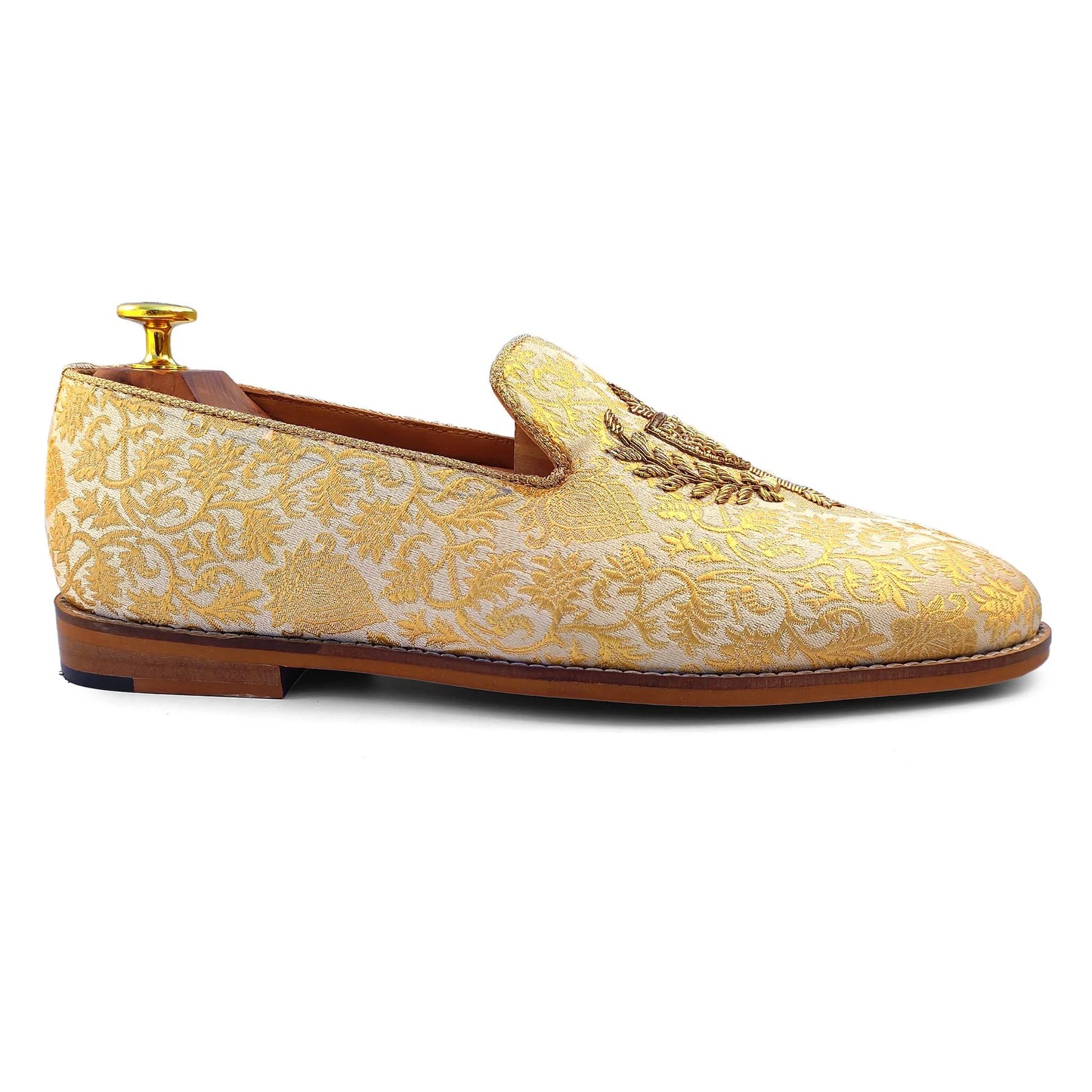 Beige and Gold Brocket Wedding Ethnic Shoes Zardozi Handwork Loafer for Men