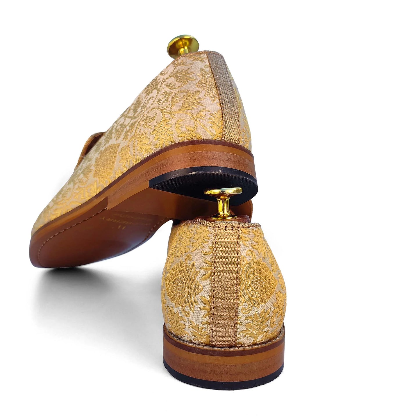 Beige and Gold Brocket Wedding Ethnic Shoes Zardozi Handwork Loafer for Men