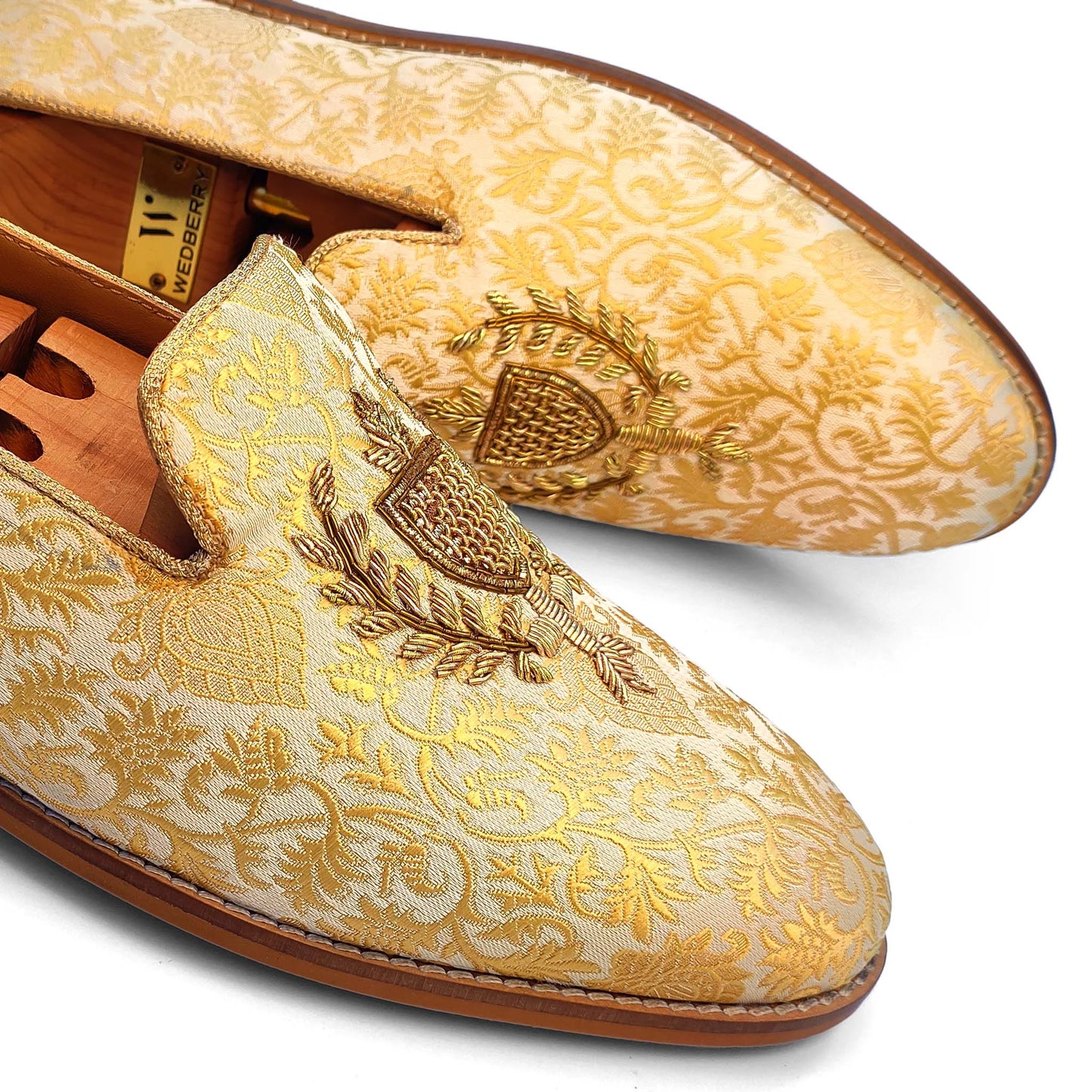 Beige and Gold Brocket Wedding Ethnic Shoes Zardozi Handwork Loafer for Men