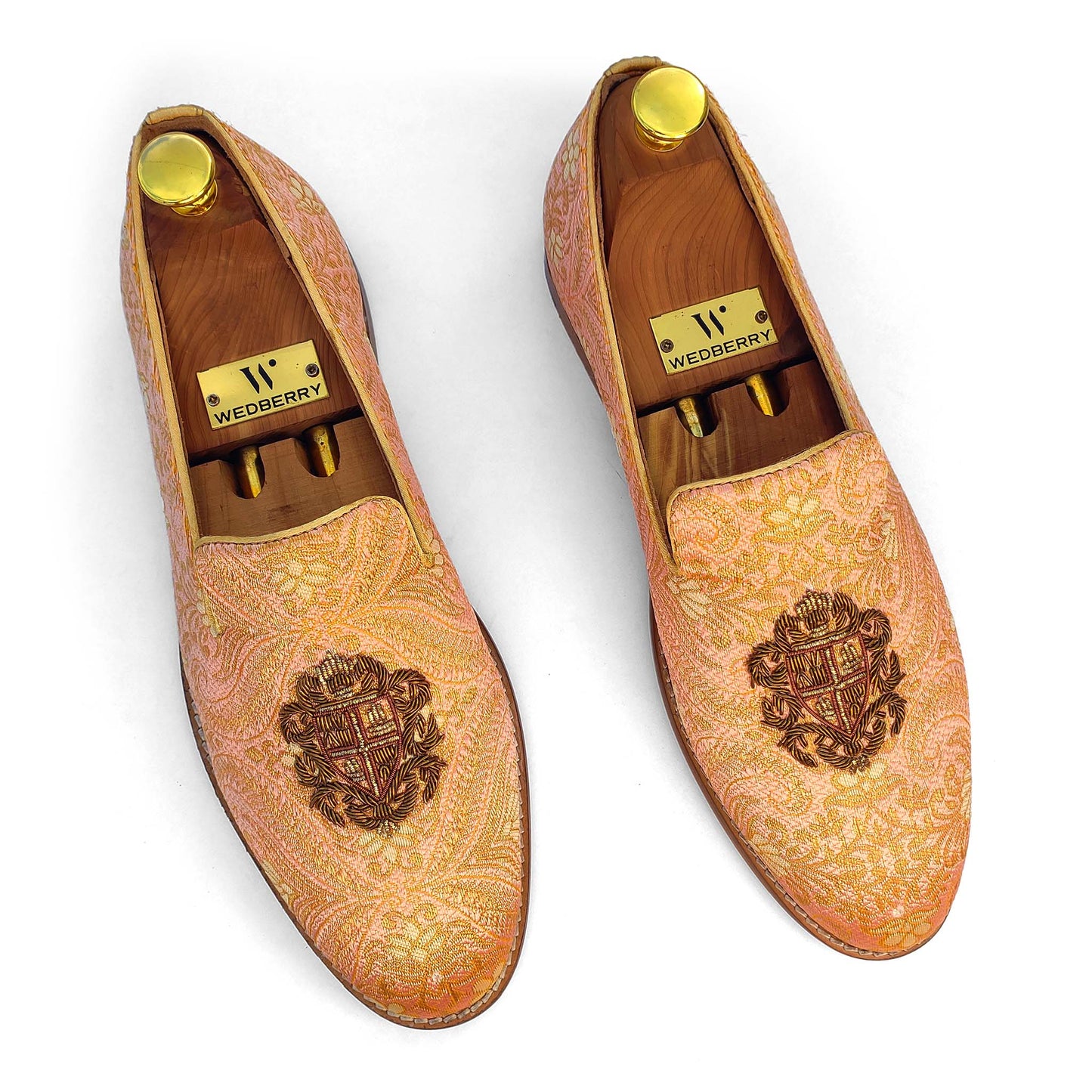 Peach and Gold Zardozi Handwork Loafer for Men