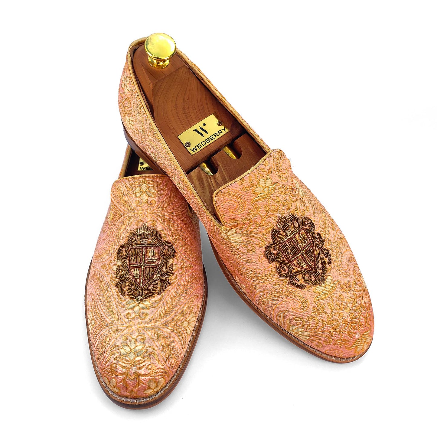 Peach and Gold Zardozi Handwork Loafer for Men