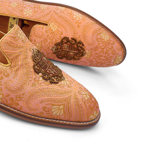 Peach and Gold Zardozi Handwork Loafer for Men