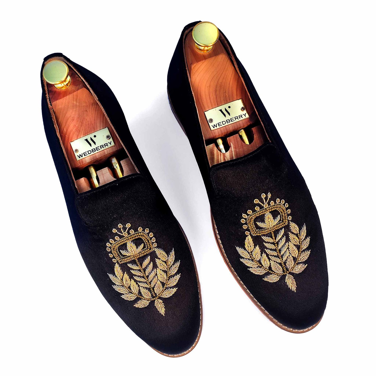 Black Satin Silk with Golden Zardozi Handwork Loafers for Men