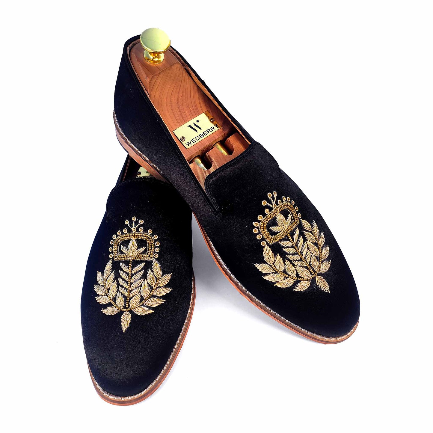 Black Satin Silk with Golden Zardozi Handwork Loafers for Men