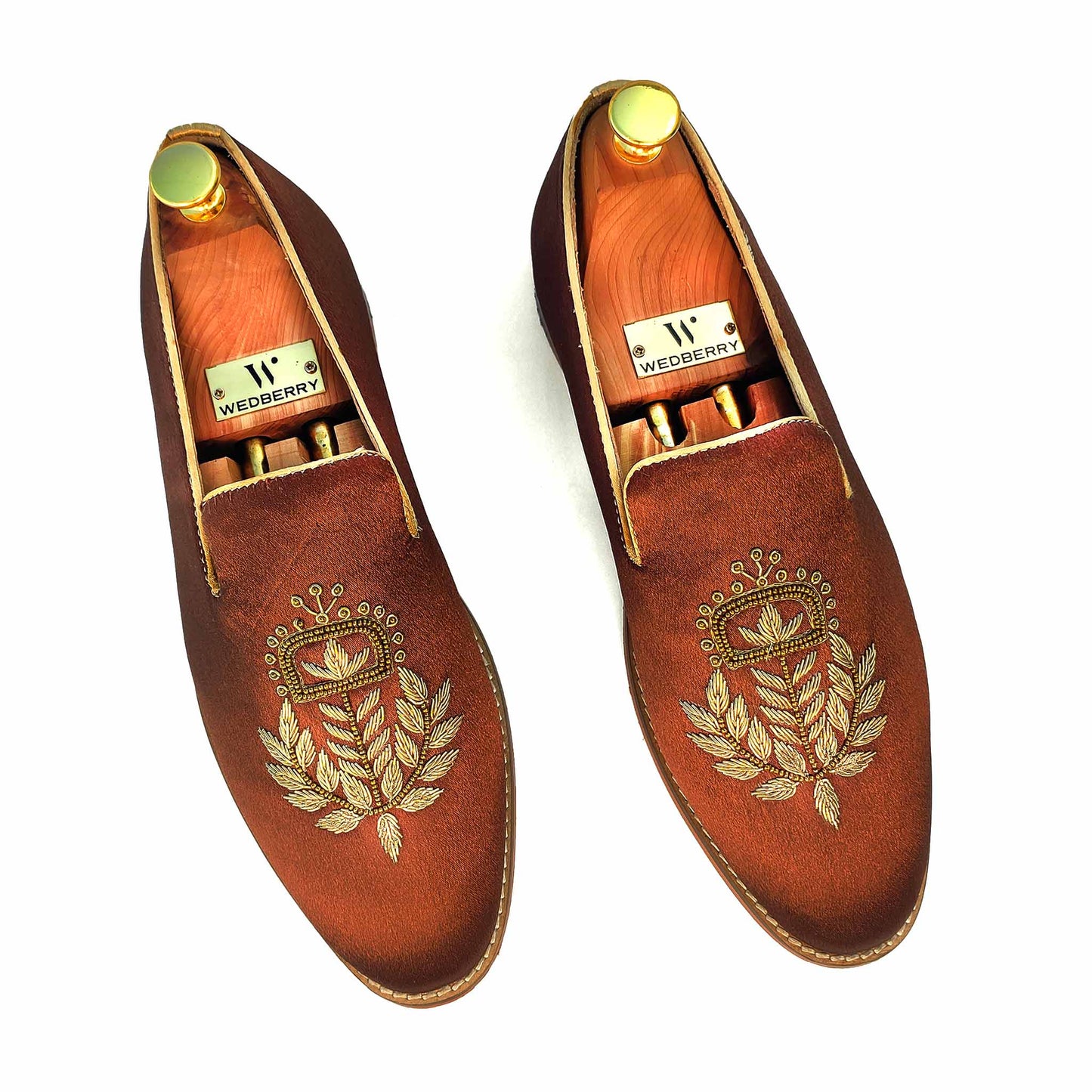 Brown Satin Silk with Golden Zardozi Handwork Loafers for Men