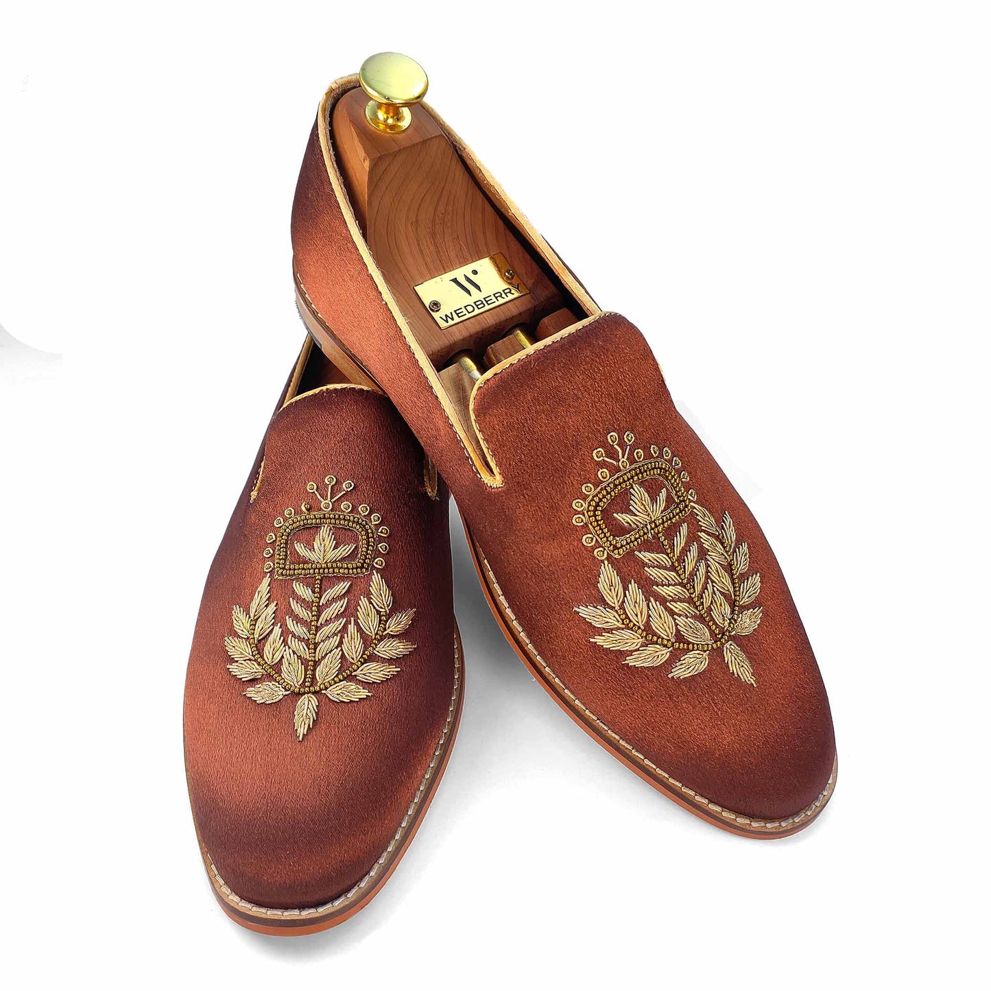 Brown Satin Silk with Golden Zardozi Handwork Loafers for Men