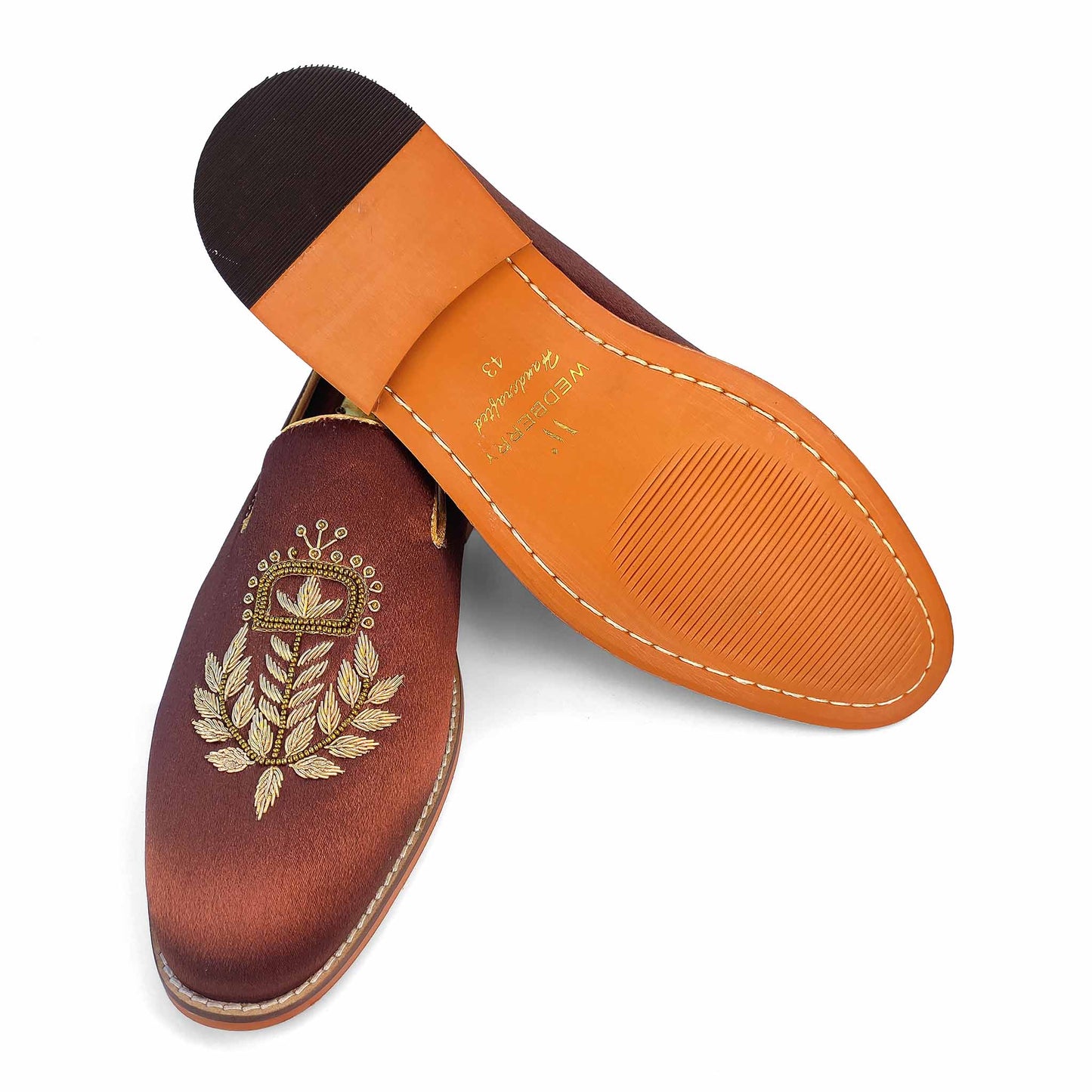 Brown Satin Silk with Golden Zardozi Handwork Loafers for Men