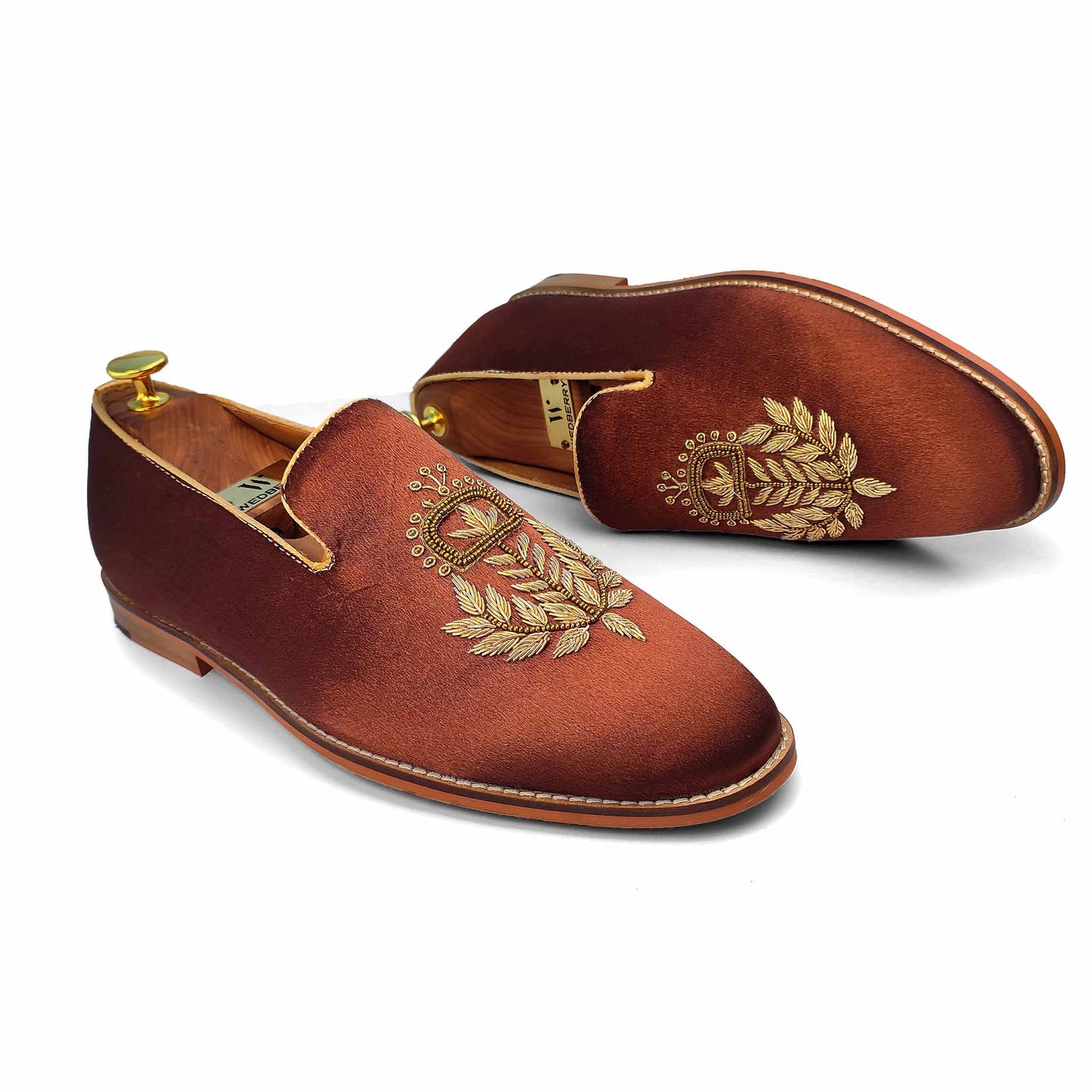 Brown Satin Silk with Golden Zardozi Handwork Loafers for Men