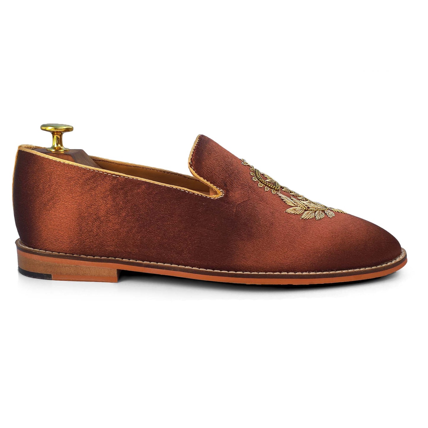 Brown Satin Silk with Golden Zardozi Handwork Loafers for Men
