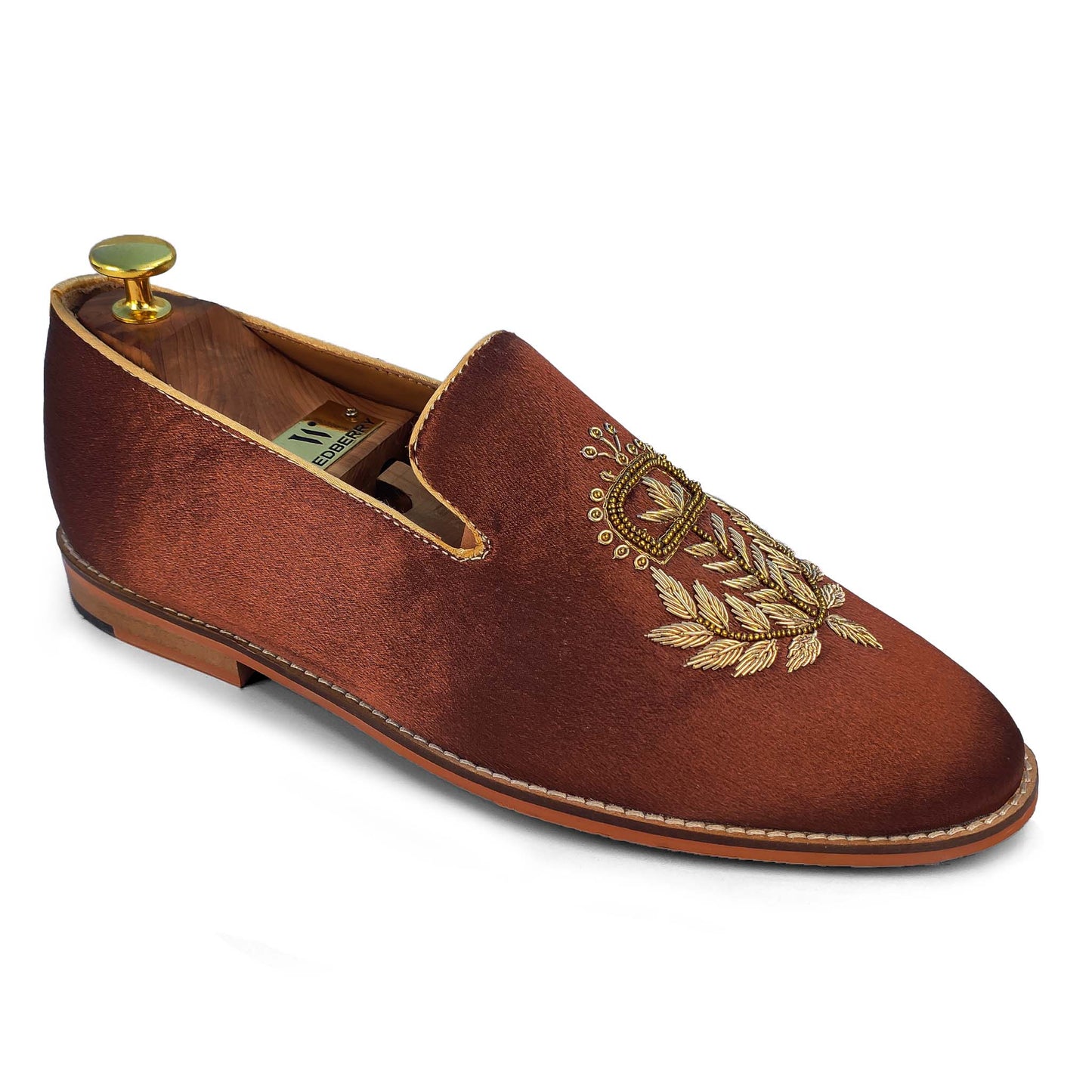 Brown Satin Silk with Golden Zardozi Handwork Loafers for Men