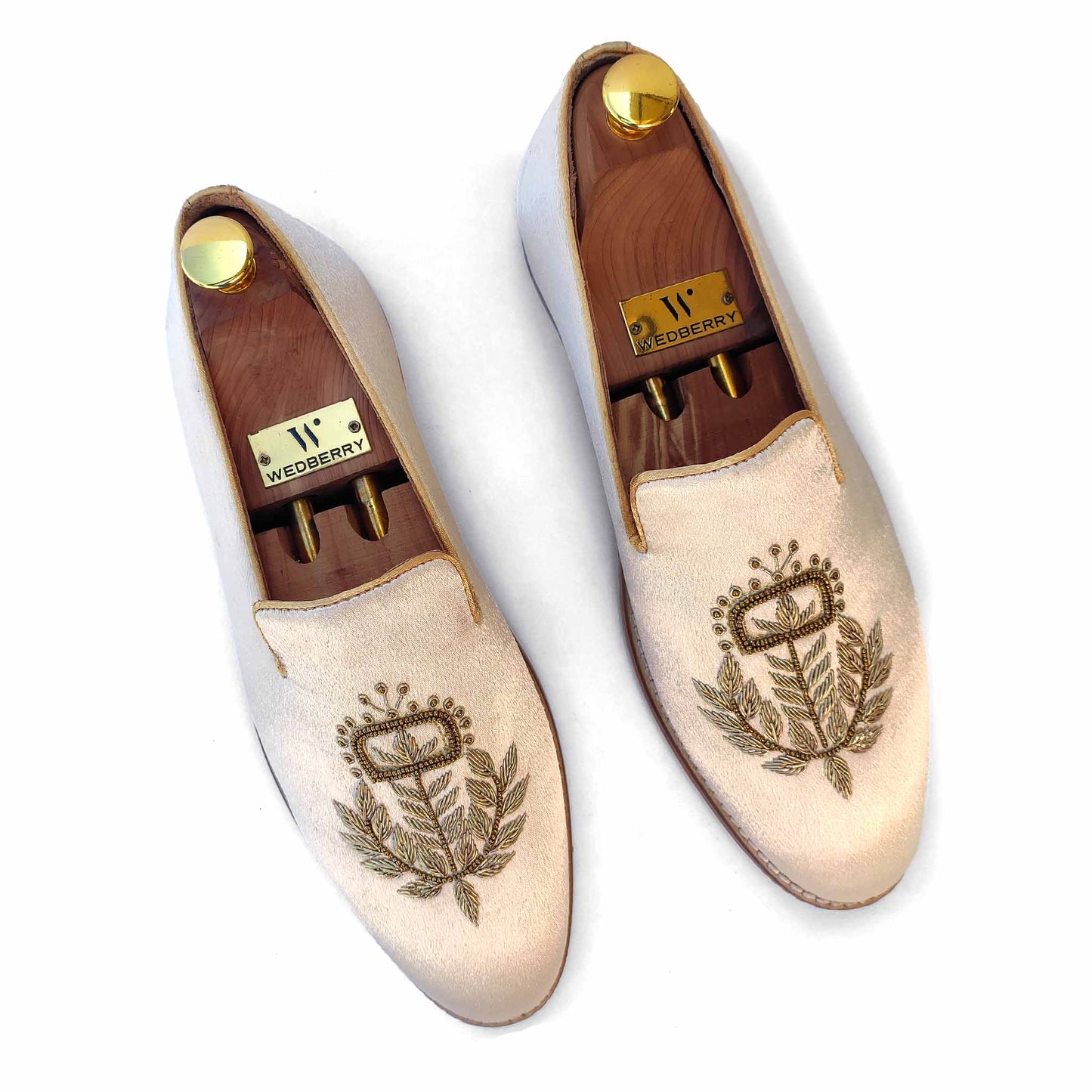 Ivory Satin Silk with Golden Zardozi Handwork Loafers for Men