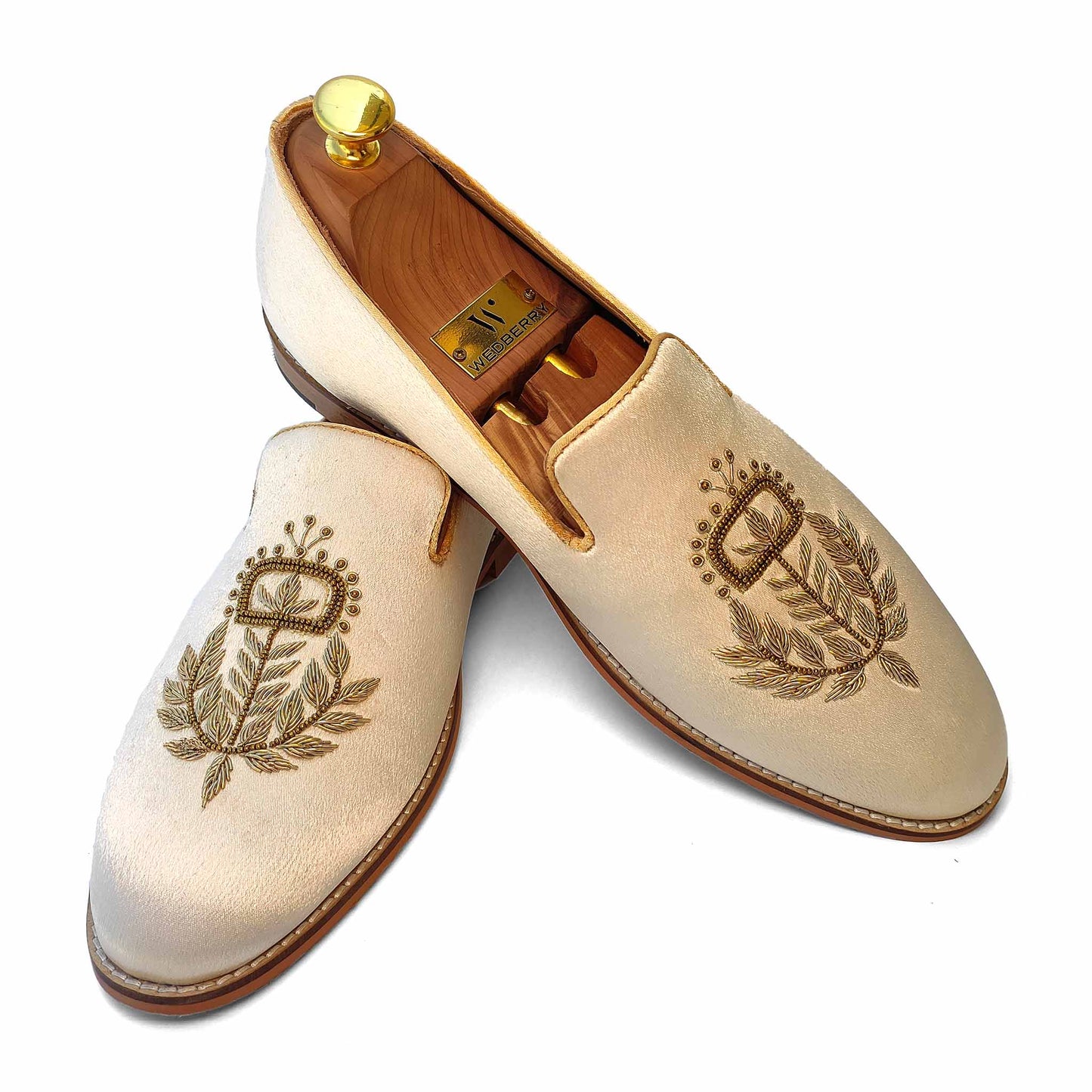 Ivory Satin Silk with Golden Zardozi Handwork Loafers for Men