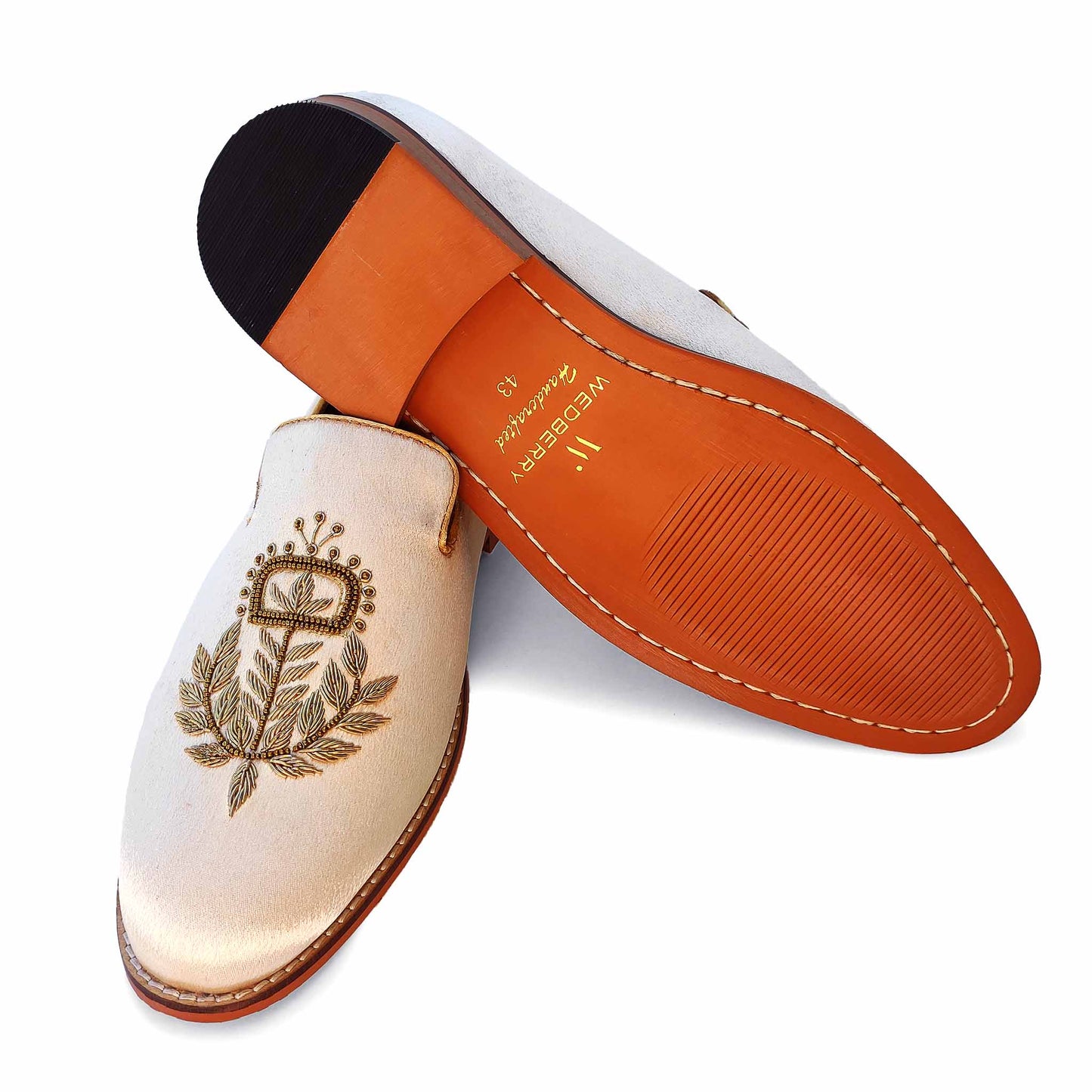 Ivory Satin Silk with Golden Zardozi Handwork Loafers for Men