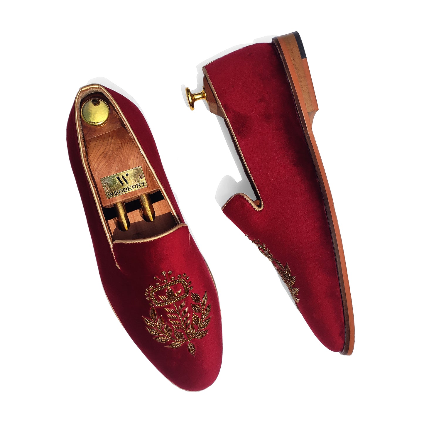 Maroon Velvet Gold Zardozi Handwork Wedding Ethnic Shoes for Men