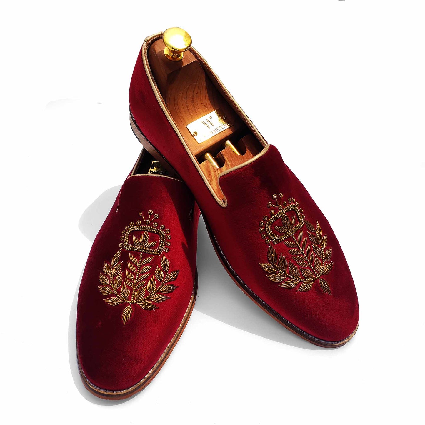 Maroon Velvet Gold Zardozi Handwork Wedding Ethnic Shoes for Men