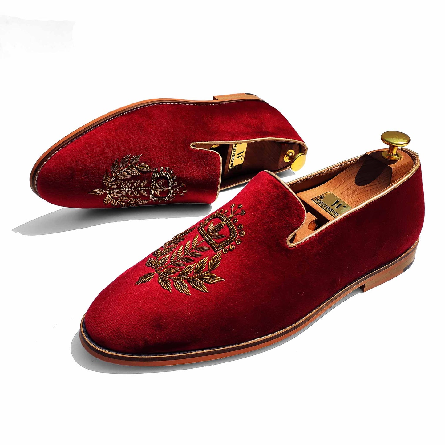 Maroon Velvet Gold Zardozi Handwork Wedding Ethnic Shoes for Men