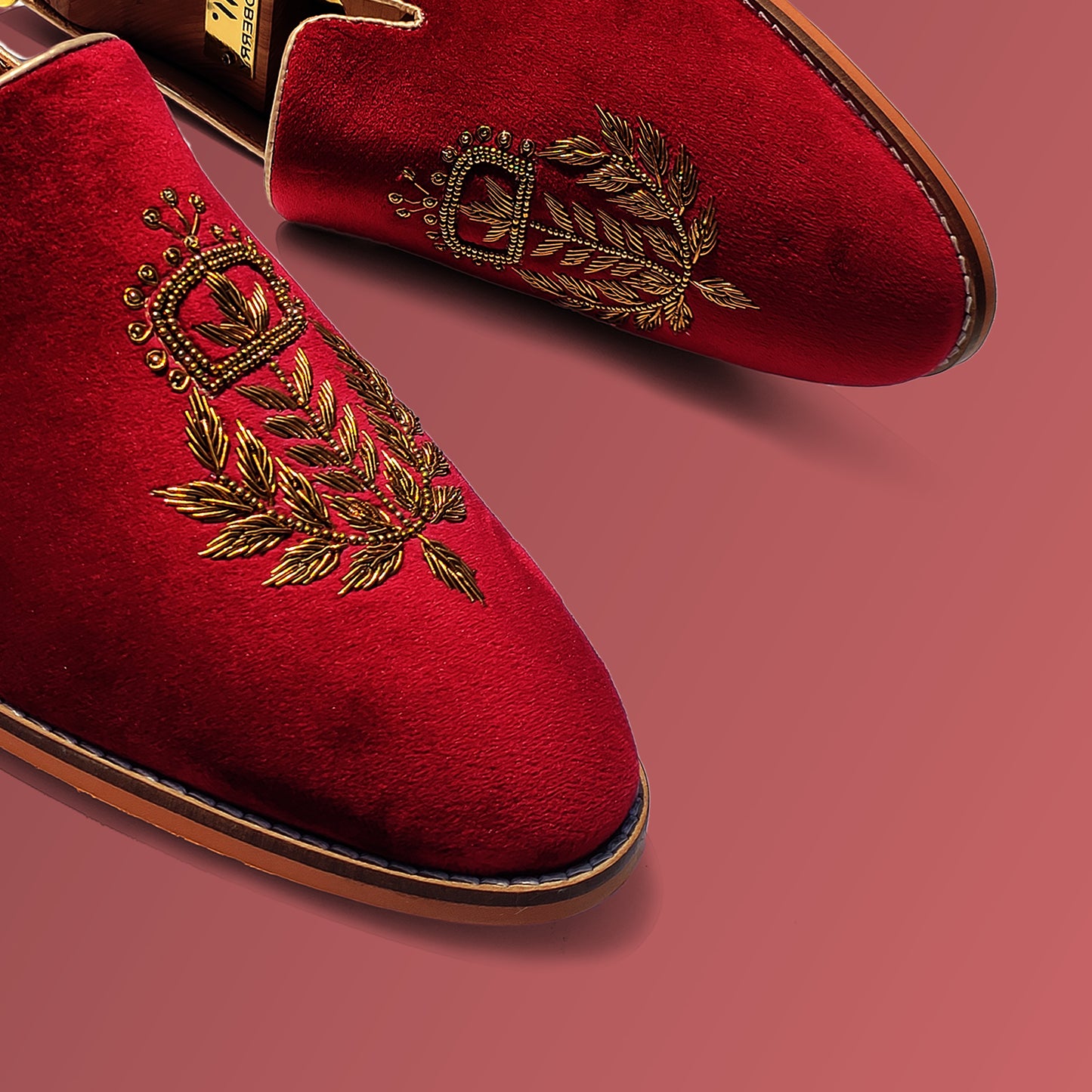 Maroon Velvet Gold Zardozi Handwork Wedding Ethnic Shoes for Men