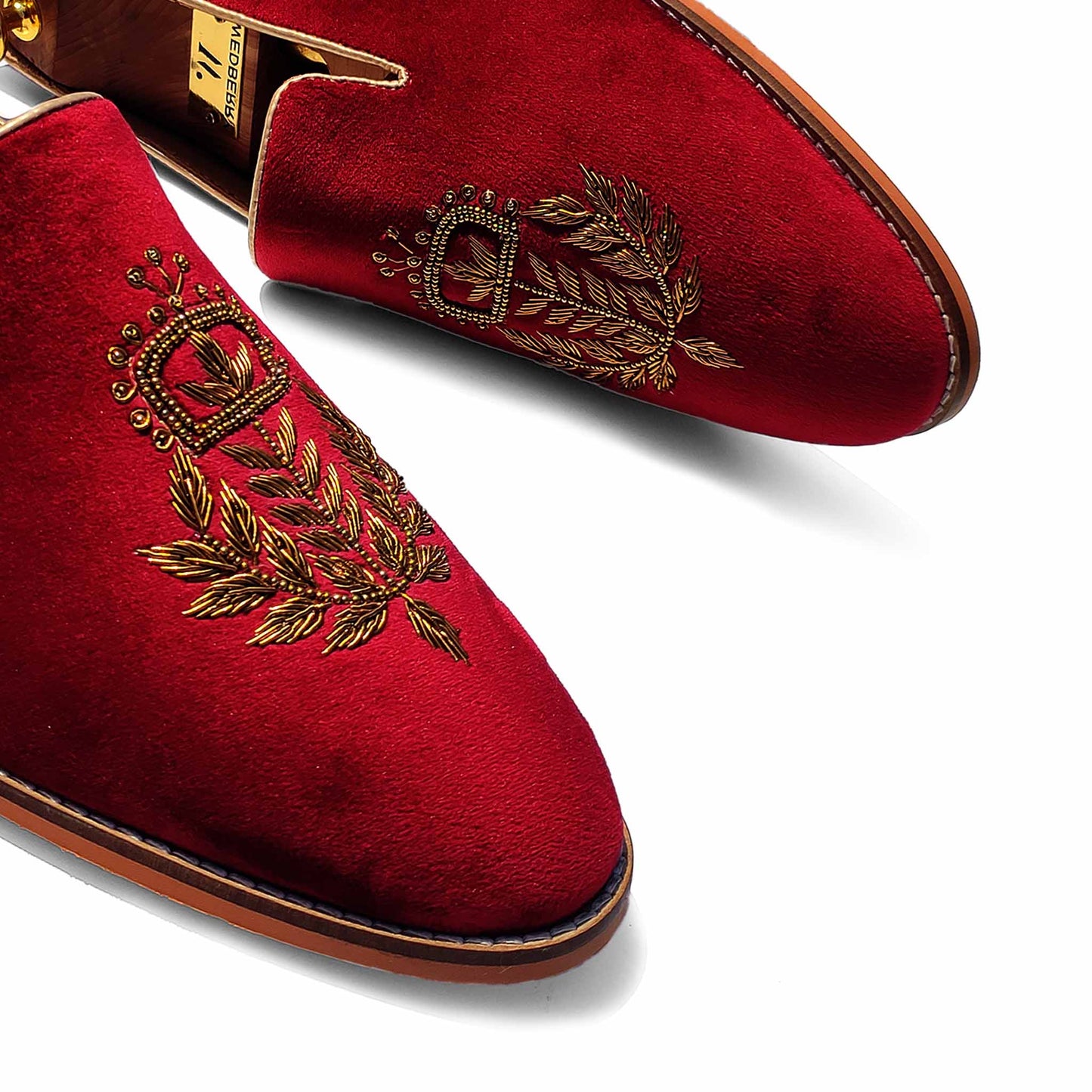 Maroon Velvet Gold Zardozi Handwork Wedding Ethnic Shoes for Men