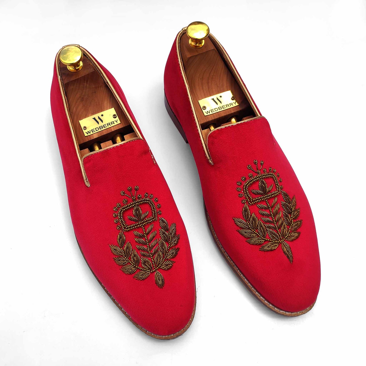 Red Velvet Antique Gold Zardozi Handwork Wedding Ethnic Shoes Loafer for Men