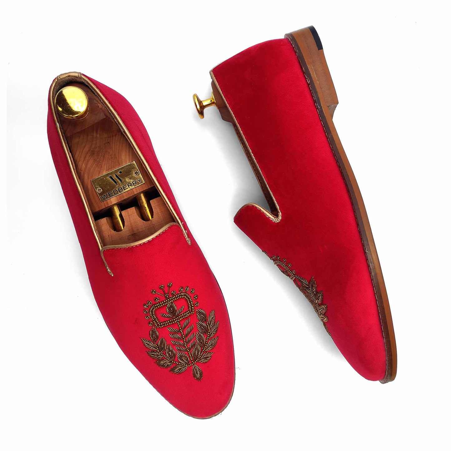 Red Velvet Zardozi Handwork Wedding Ethnic Shoes Loafer for Men