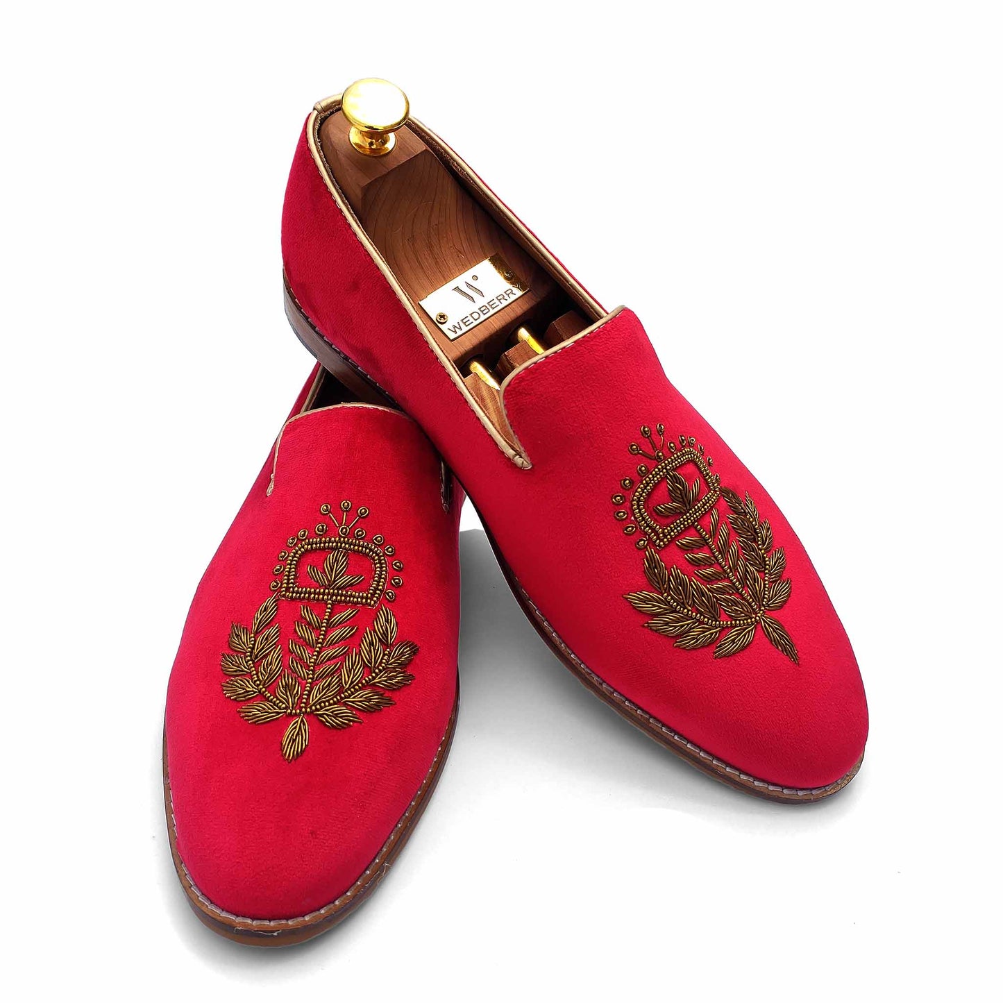 Red Velvet Antique Gold Zardozi Handwork Wedding Ethnic Shoes Loafer for Men
