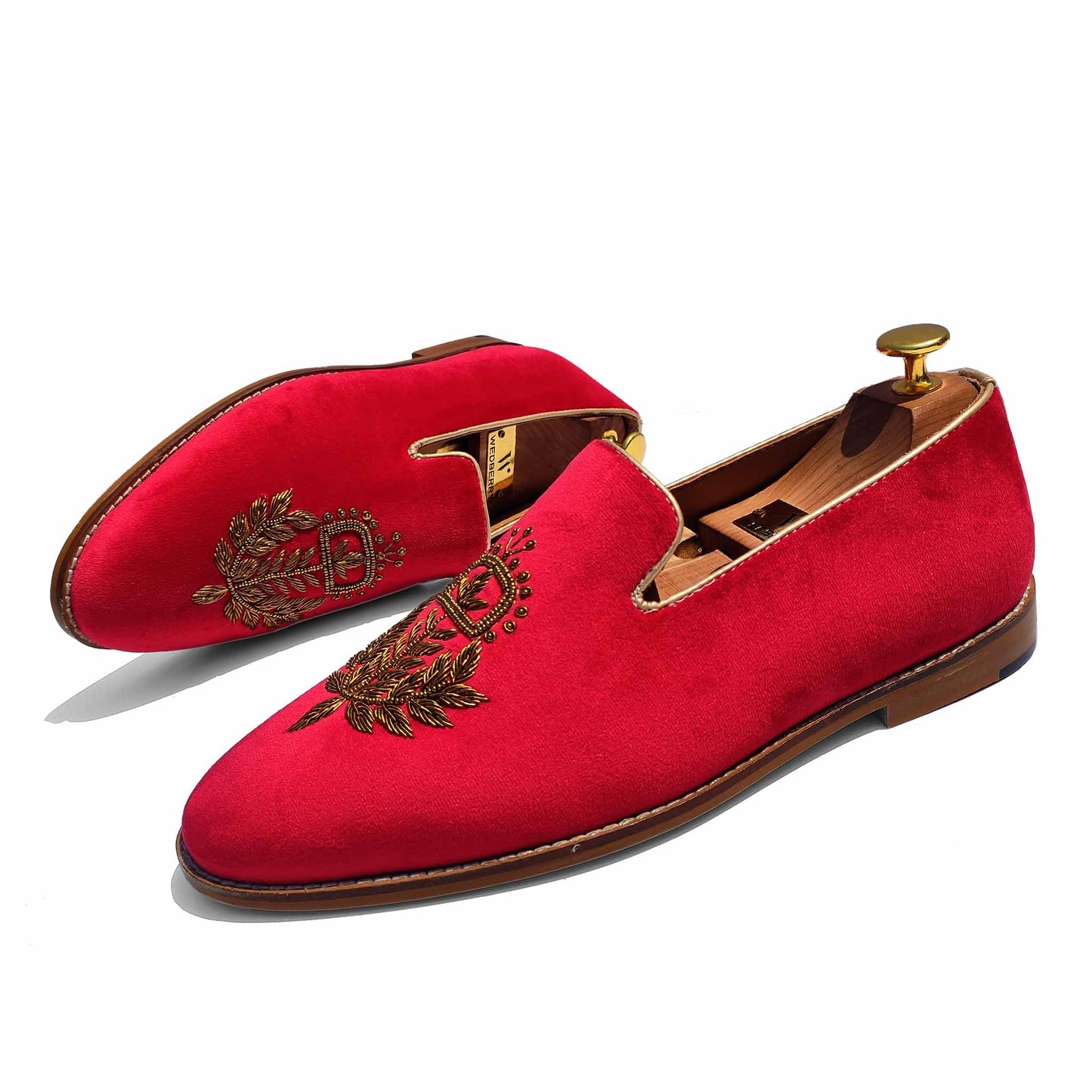 Red Velvet Antique Gold Zardozi Handwork Wedding Ethnic Shoes Loafer for Men