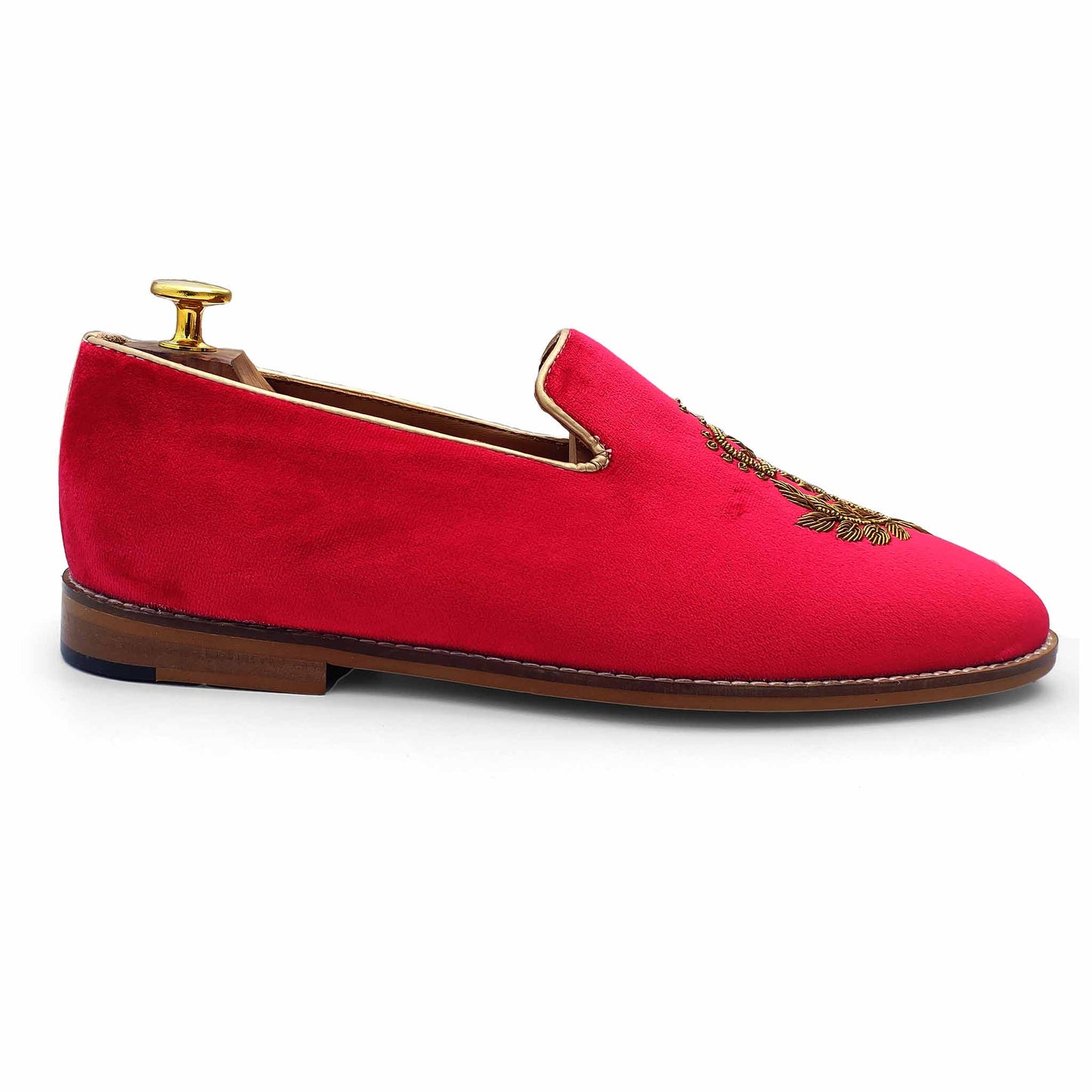 Red Velvet Antique Gold Zardozi Handwork Wedding Ethnic Shoes Loafer for Men