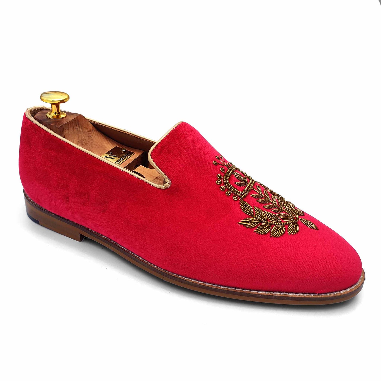 Red Velvet Antique Gold Zardozi Handwork Wedding Ethnic Shoes Loafer for Men