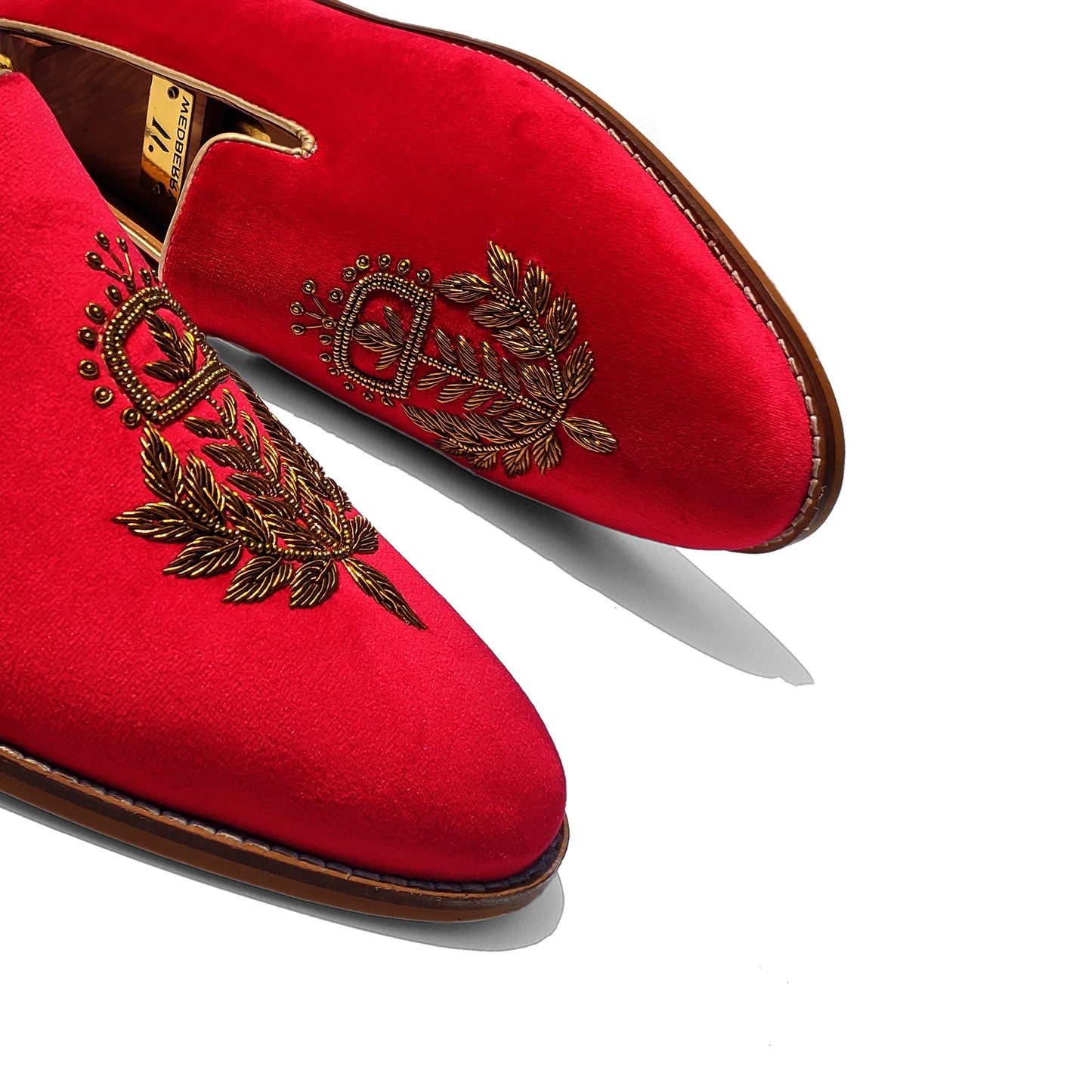 Red Velvet Antique Gold Zardozi Handwork Wedding Ethnic Shoes Loafer for Men
