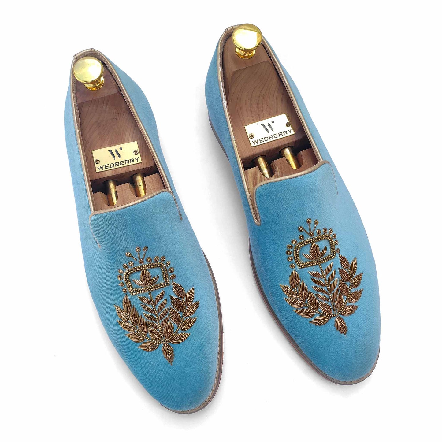 Sky Blue Velvet Zardozi Handwork Wedding Ethnic Shoes for Men