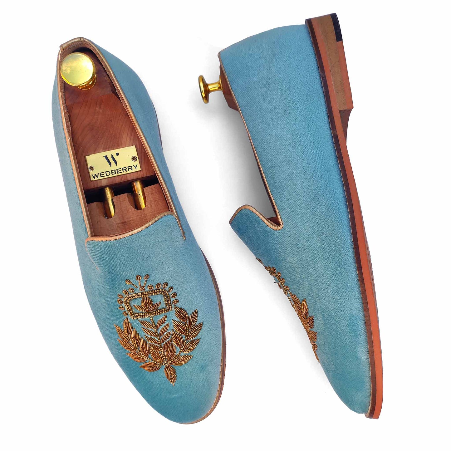 Sky Blue Velvet Zardozi Handwork Wedding Ethnic Shoes for Men
