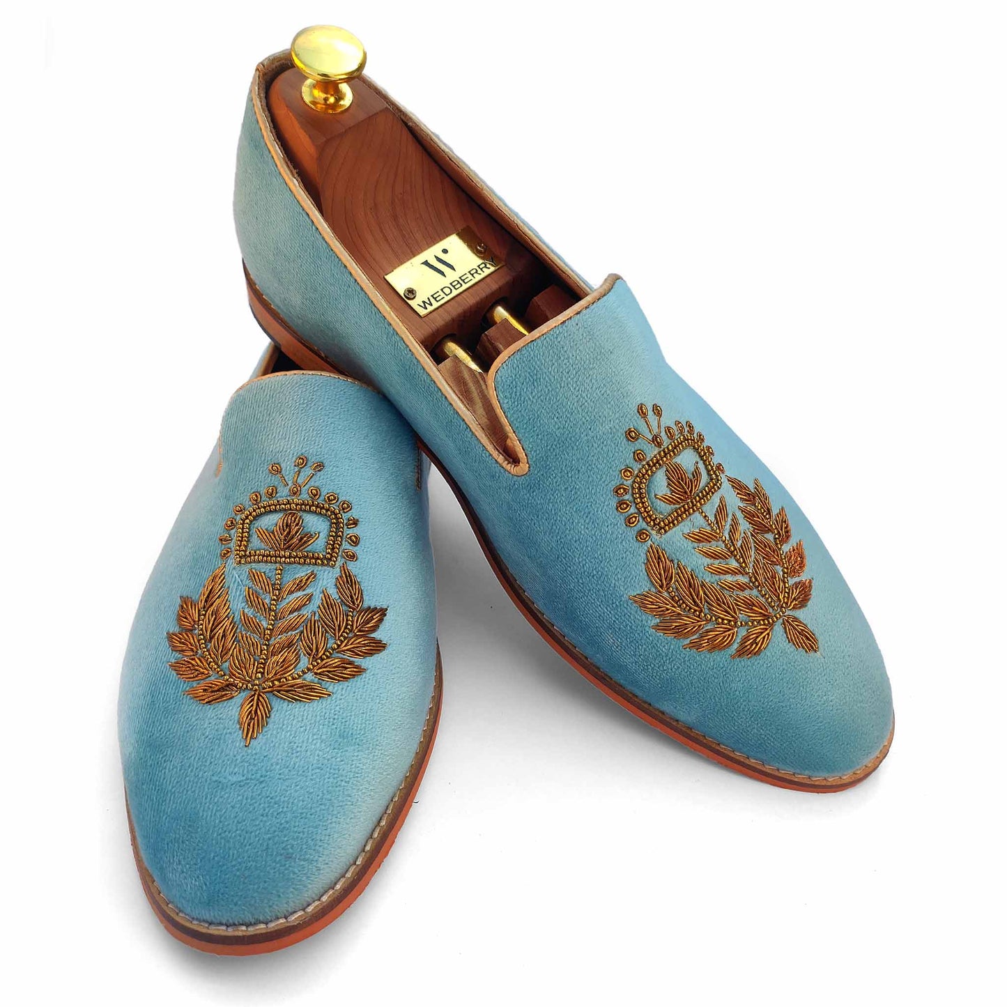 Sky Blue Velvet Zardozi Handwork Wedding Ethnic Shoes for Men
