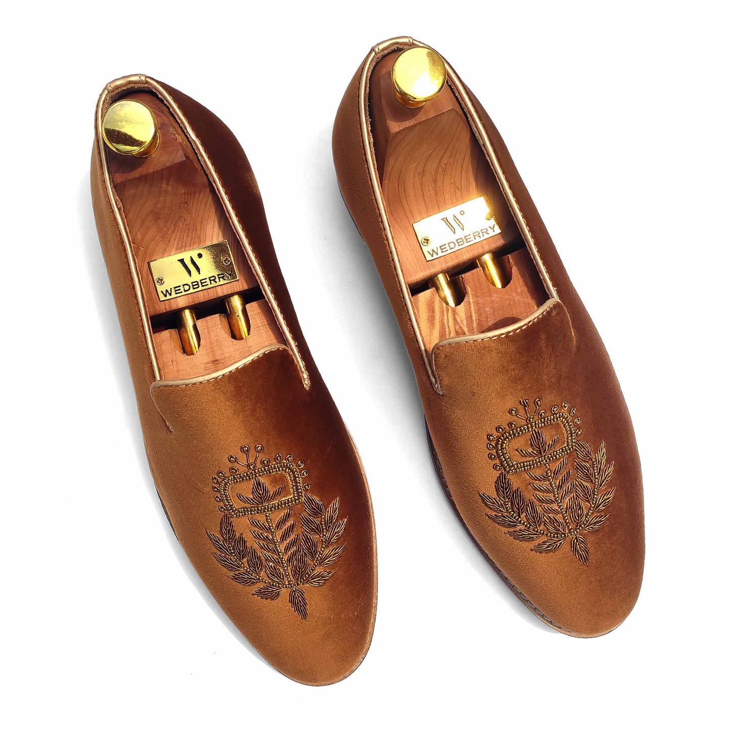 Tan Velvet Zardozi Wedding Ethnic Party Shoes Loafer for Men