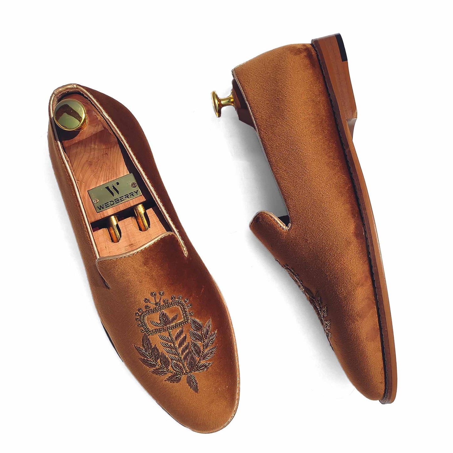 Tan Velvet Zardozi Wedding Ethnic Party Shoes Loafer for Men